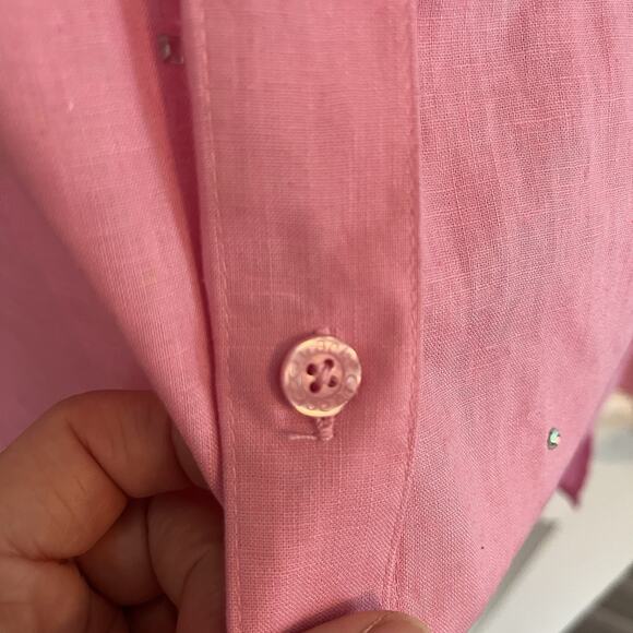 NWT Quacker Factory Women's Linen Button Up Pink Shirt S Rhinestone Funky Glam - Picture 3 of 10